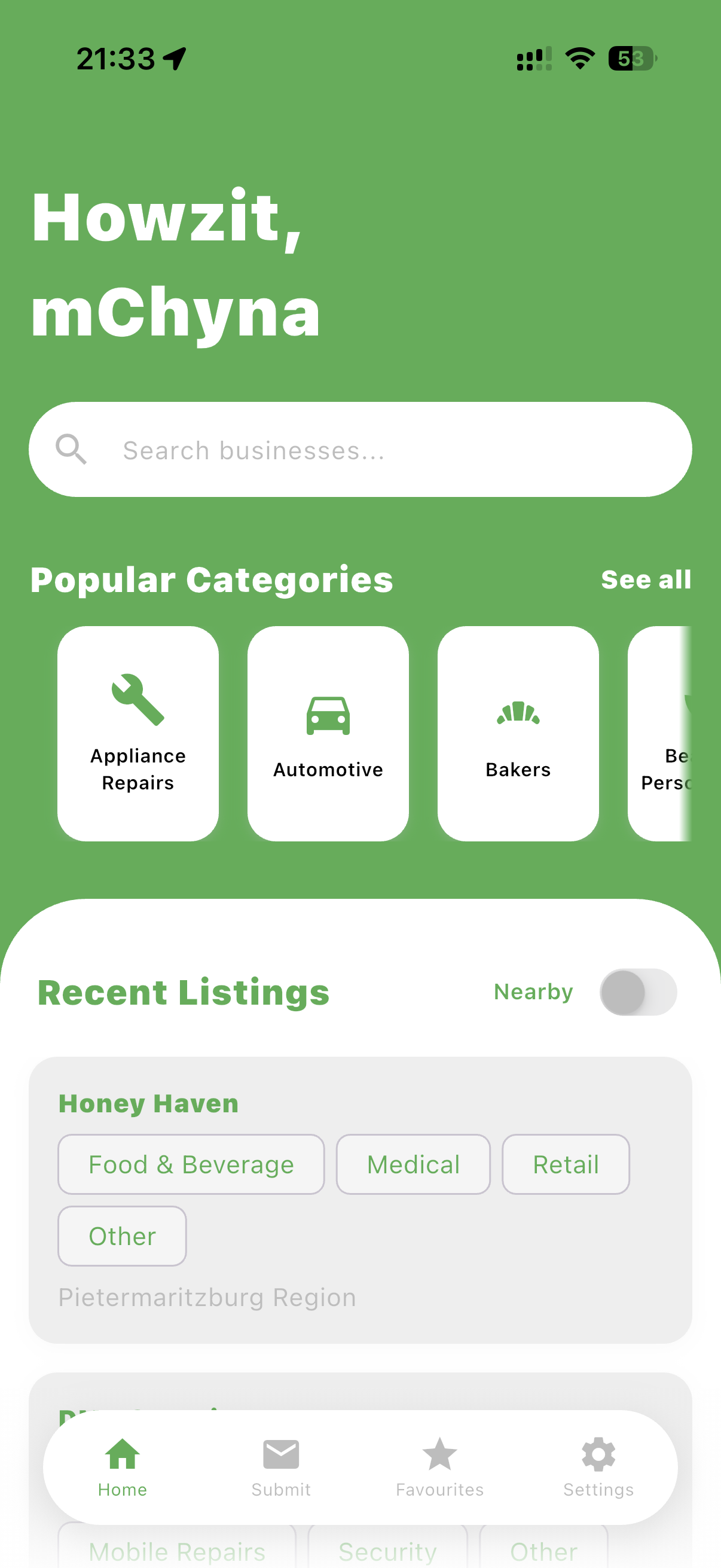 mChyna app home screen – South Africa local services