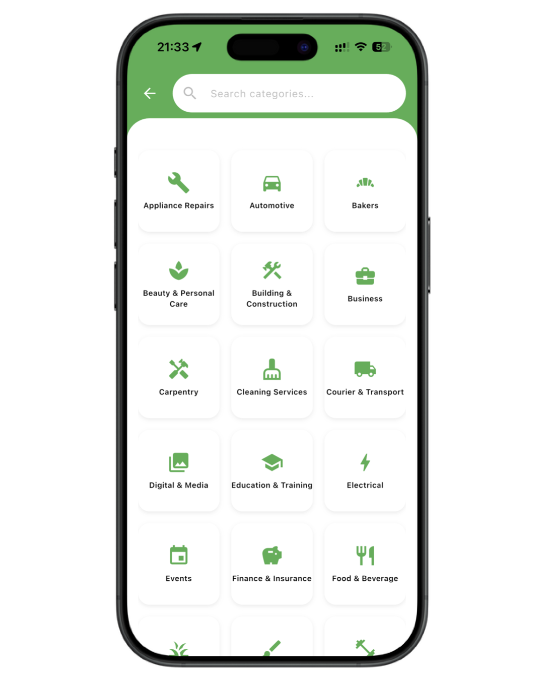 mChyna app categories screen – browse services