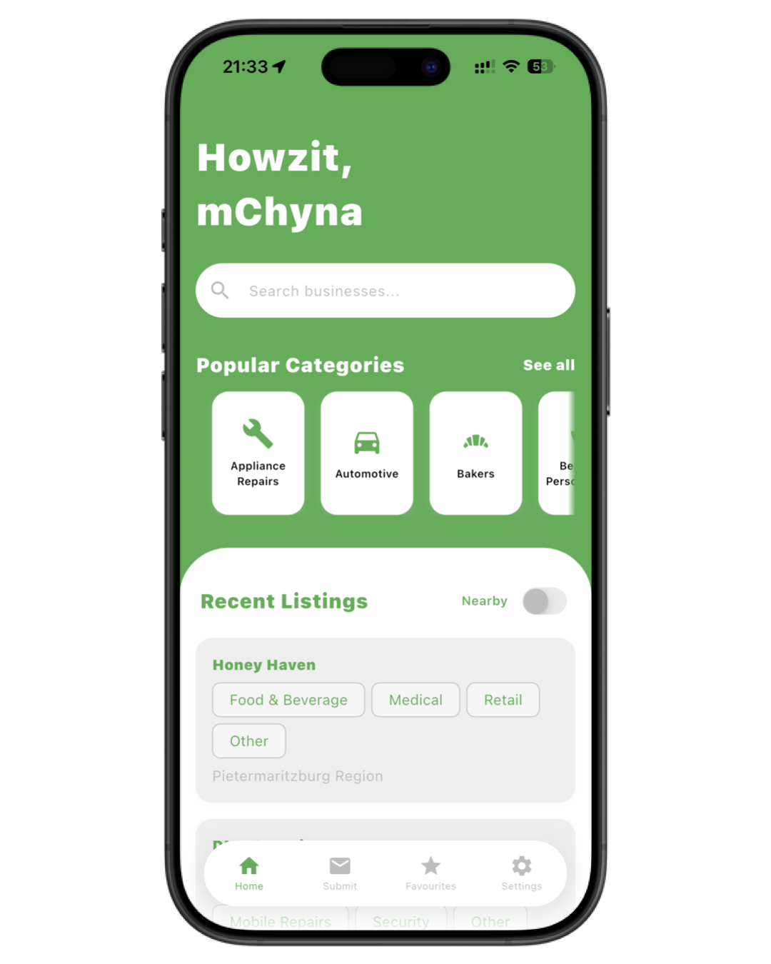 mChyna app home screen – South Africa