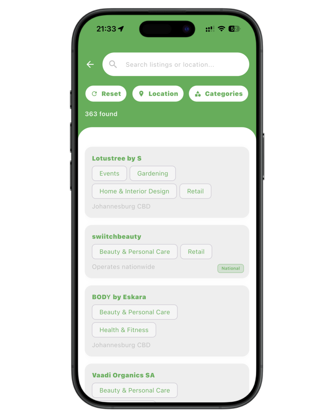 mChyna app listings screen – find local businesses